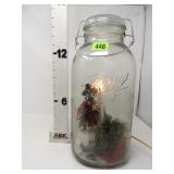 Large Ball Jar W/Lighted Candle & Snowman Inside