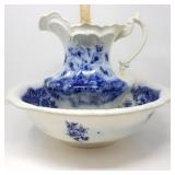 T R & C "Festoon" Flow Blue Pitcher and Bowl