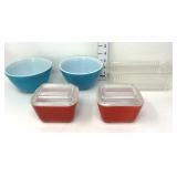 (2) Red Pyrex Refrigerator Dishes (2) Blue Bowls