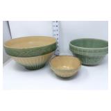 (3) Green & Cream Stoneware Bowls - Cracks/Chips