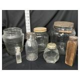 (6) Clear Glass Jars/ Bottles & (1) Wooden Jar