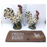 (2) Decorative Roosters & Wood "Fresh Eggs" Sign