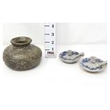 Signed Pottery Vase & (2) Stoneware Candleholders