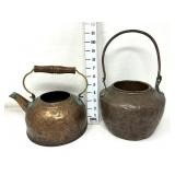 (2) Copper Toned Kettle & Pot - Missing Lid
