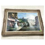 Framed Street Scene Oil Painting