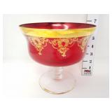 Vintage Bohemian Ruby Red 24K Gold Pedestal Bowl