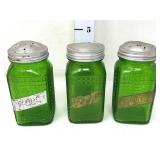 (3) Green Glass Storage Jars - (2) Have Shaker