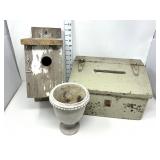 Vintage Wooden Birdhouse, Mailbox, & Cement