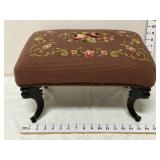 Wooden Footstool w/ Pink Floral Needlepoint