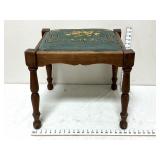 Wooden Stool w/ Teal Floral Needlepoint Seat