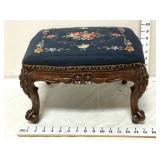 Wooden Footstool w/ Blue Needlepoint Upholstery