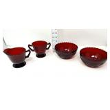 (2) Ruby Red Bowls, Sugar & Creamer