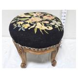 Footstool w/Carved Wooden Legs & Needlepoint