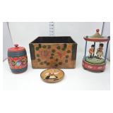 Wooden Money Jar, Plate, Thorens Music Box, & Box