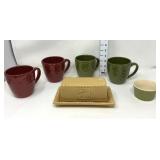 (4) Mugs, Butter Dish & Ramekin
