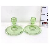 Set of Miniature Cameo Green Glass Candlesticks