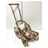 Vintage Wicker Doll Carriage & Hand Stitched