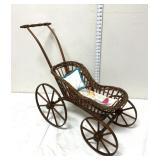 Vintage Wicker Doll Carriage & Hand Stitched Doll