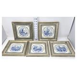 (5) Sungott Art Studios Framed Blue & White Tiles