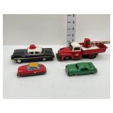 (4) Tin Friction  Cars - Police, Wrecker, Cars