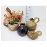 (3) Stoneware & (2) Stone Carved Lidded Trinket