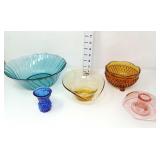 Colored Glass Bowls, Candleholder, & Toothpick