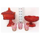 Ruby Candy Dishes & (3) Iridescent Cordials