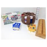 Poker Chips, Cards, Cribbage Board & Shuffler