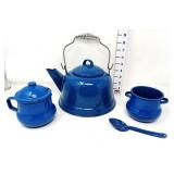 Blue Speckled Enamelware Tea Kettle & Cream/Sugar
