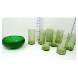(8) Green Glasses & Swirl Bowl