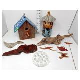 Birdhouses, Driftwood, Metal Birds, & Flower Frog
