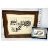 Framed Canal & Barn Scene Ink Prints