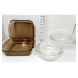 (2) Pyrex Lidded Casseroles & (2) Brown Baking