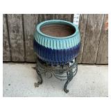 Blue Ceramic Glazed Planter and Metal Plant Stand
