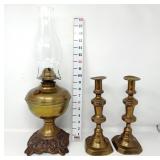 Brass Oil Lamp & Candlesticks