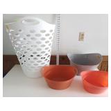 Plastic Laundry Bin & (3) Plastic Tubs