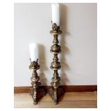 (2) Ornate Brass Candleholders 30" & 18" Tall