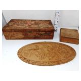 (3) Vintage Pyrography Boxes Cherry Pattern