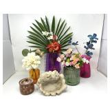 (4) Colored Vases with Faux Flowers, Stoneware,