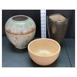 (3) Pottery Planters - Crack in Tall Black Vase