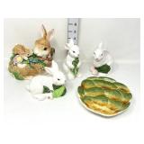 Fitz & Floyd Rabbit Trinket Jar, Artichoke Tray,