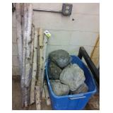 Poplar wood pieces & tote of fake decorative rocks