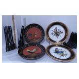 (2) Rooster, (2) Bird Plates & (8) Plate Stands