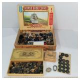 Vintage Buttons in Wood Cigar Box & Jewelry