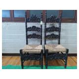 (2) Ornate Carved Rattan Seat Chairs
