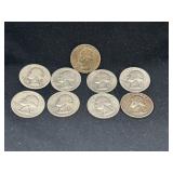 Group of 9 silver Washington quarters