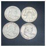 4 Ben Franklin silver half dollars