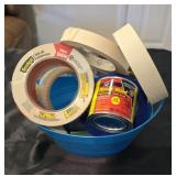 Plastic tote of  tape and miscellaneous