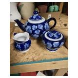 Blue and white tea set, three pieces