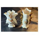 Two small vases, one two handled, approximately 3